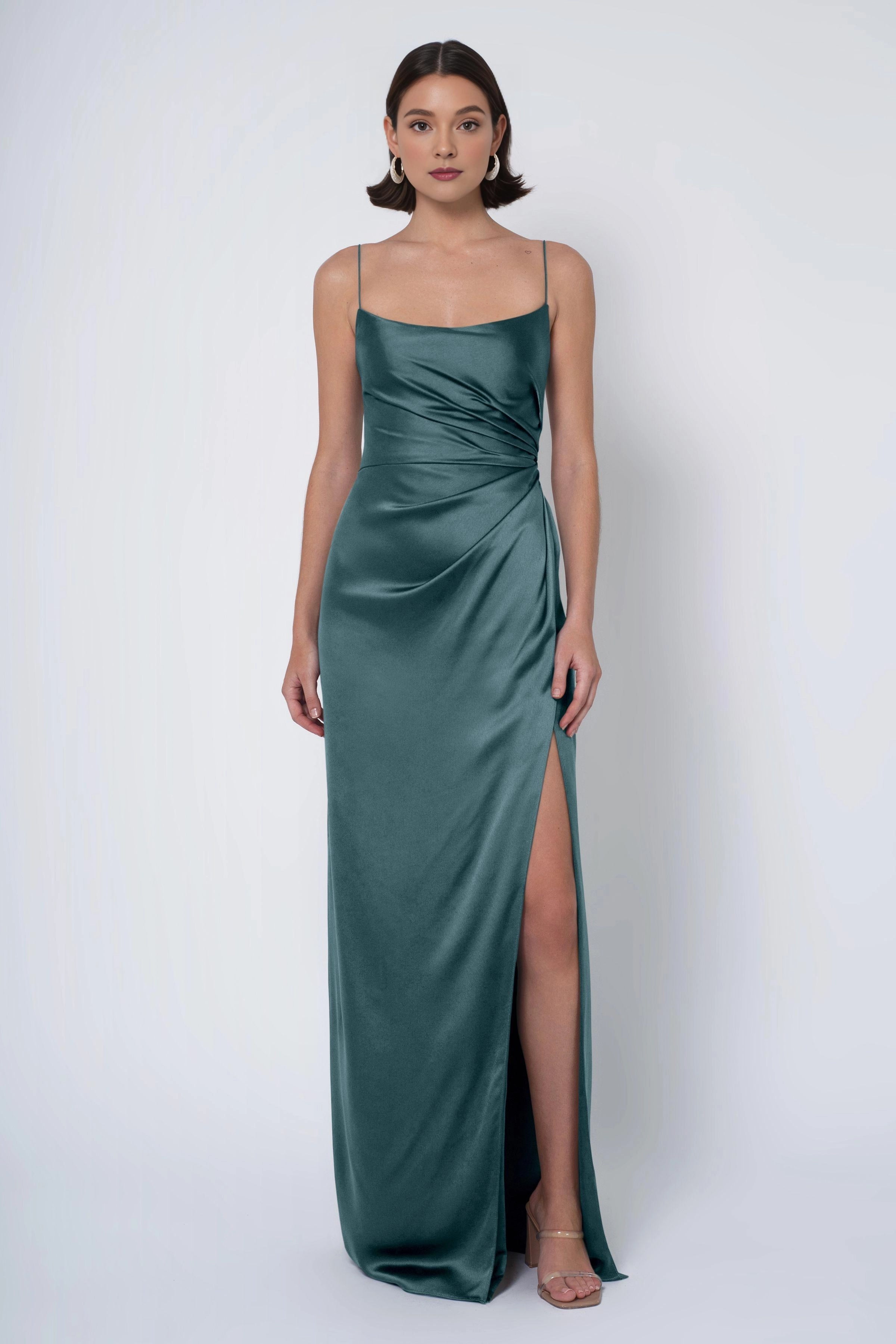 Weitese Dress Simple Spaghetti Straps Scoop Satin Evening Dress Bridesmaid Dress Floor-Length Sheath Side Slit Backless Prom Dress